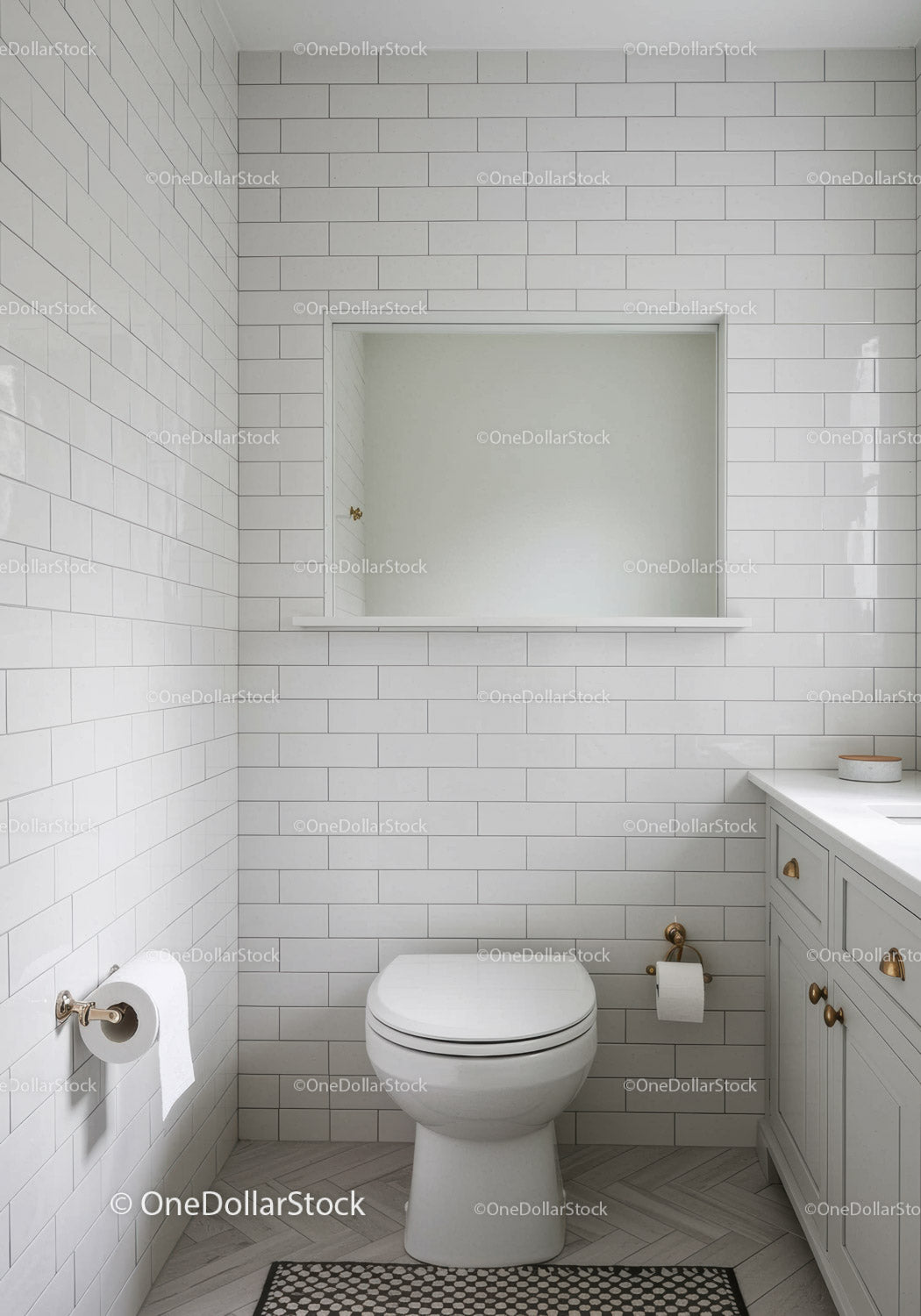 Modern White Subway Tiled Bathroom with Beige Vanity and Gold Fixtures