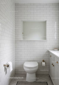 Modern White Subway Tiled Bathroom with Beige Vanity and Gold Fixtures