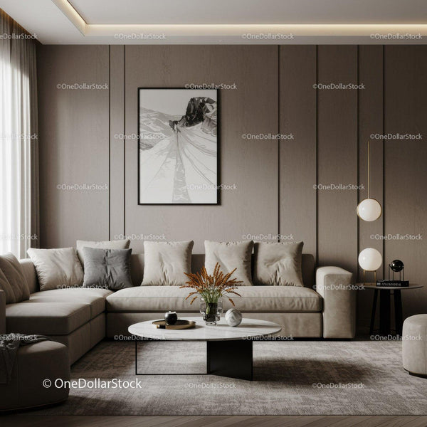 Elegancki nowoczesny salon z neutralną dekoracją i minimalistycznym designem