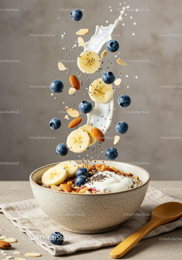 Healthy breakfast bowl with fresh fruits and yogurt splash
