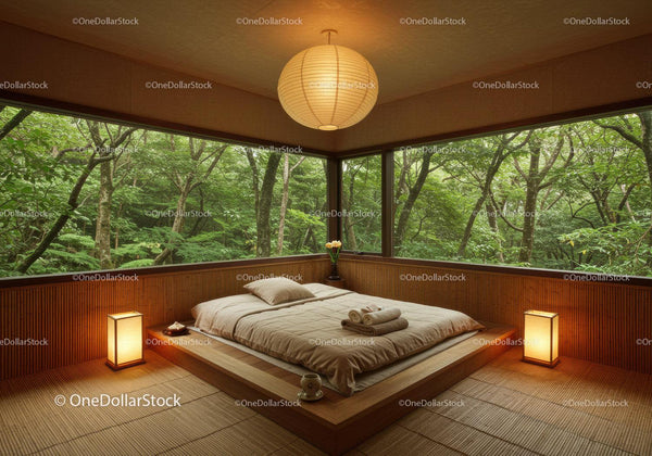 Minimalist Japanese bedroom with forest window views