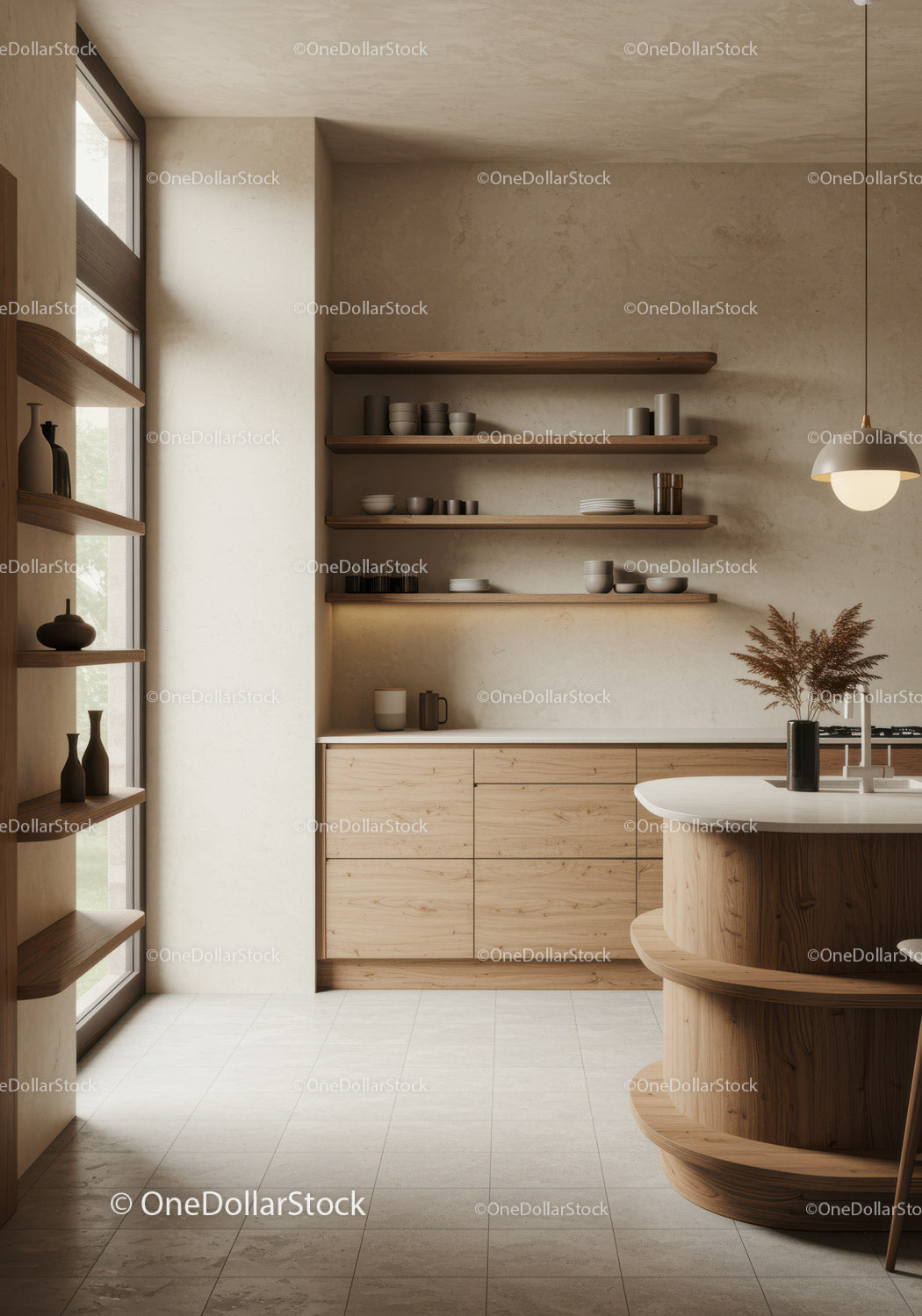 Minimalist Kitchen with Wooden Cabinets and Neutral Decor