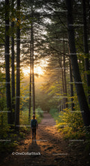 Young Woman Hiking on Forest Trail During Sunset Light