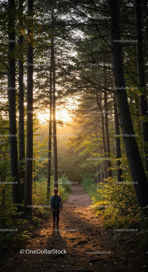 Young Woman Hiking on Forest Trail During Sunset Light