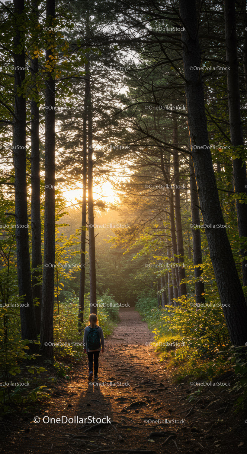 Young Woman Hiking on Forest Trail During Sunset Light