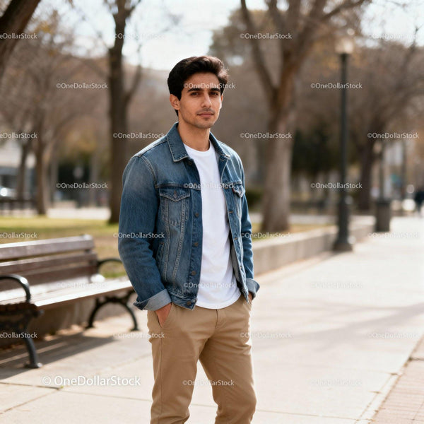 Young man standing casually in urban park in spring