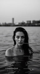 Moody Black and White Portrait of Woman in Water with City Skyline