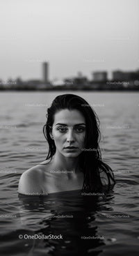 Moody Black and White Portrait of Woman in Water with City Skyline