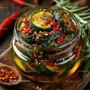 Vibrant Spicy Cucumber Kimchi in Glass Jar with Fresh Vegetables