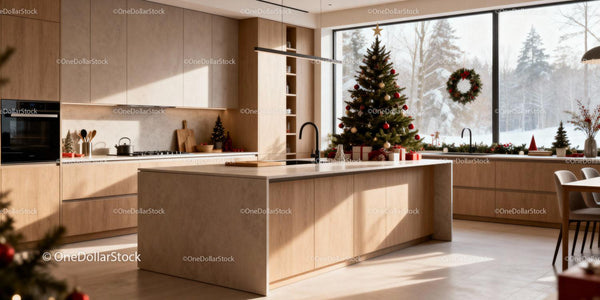 Modern kitchen decorated for cozy Christmas celebrations