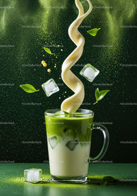 Creamy milk swirls into iced matcha tea with green leaves