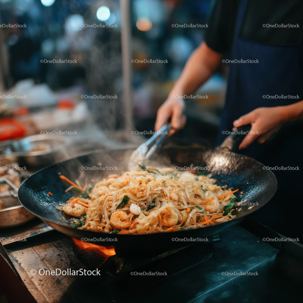 Seafood Stir-Fry with Shrimp and Vegetables in a Wok