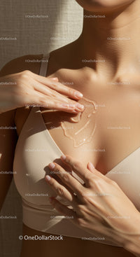 Close-up of a woman applying skin moisturizer on her décolletage