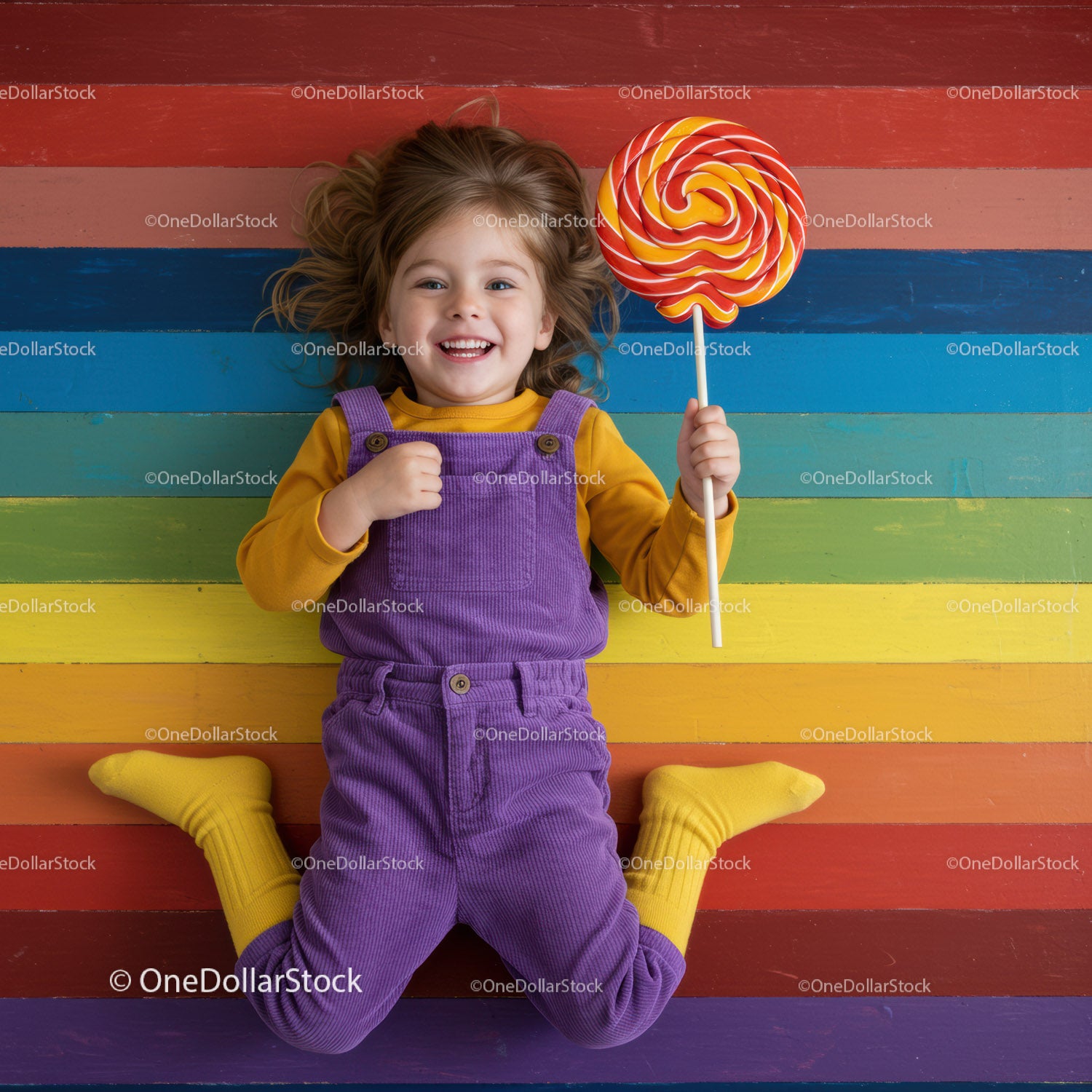Joyful little girl with colorful lollipop on rainbow floor