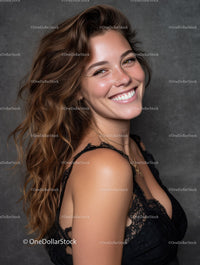 Joyful Woman with Wavy Hair and Bright Smile in Indoor Setting