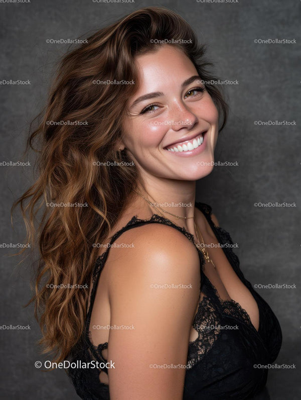 Joyful Woman with Wavy Hair and Bright Smile in Indoor Setting