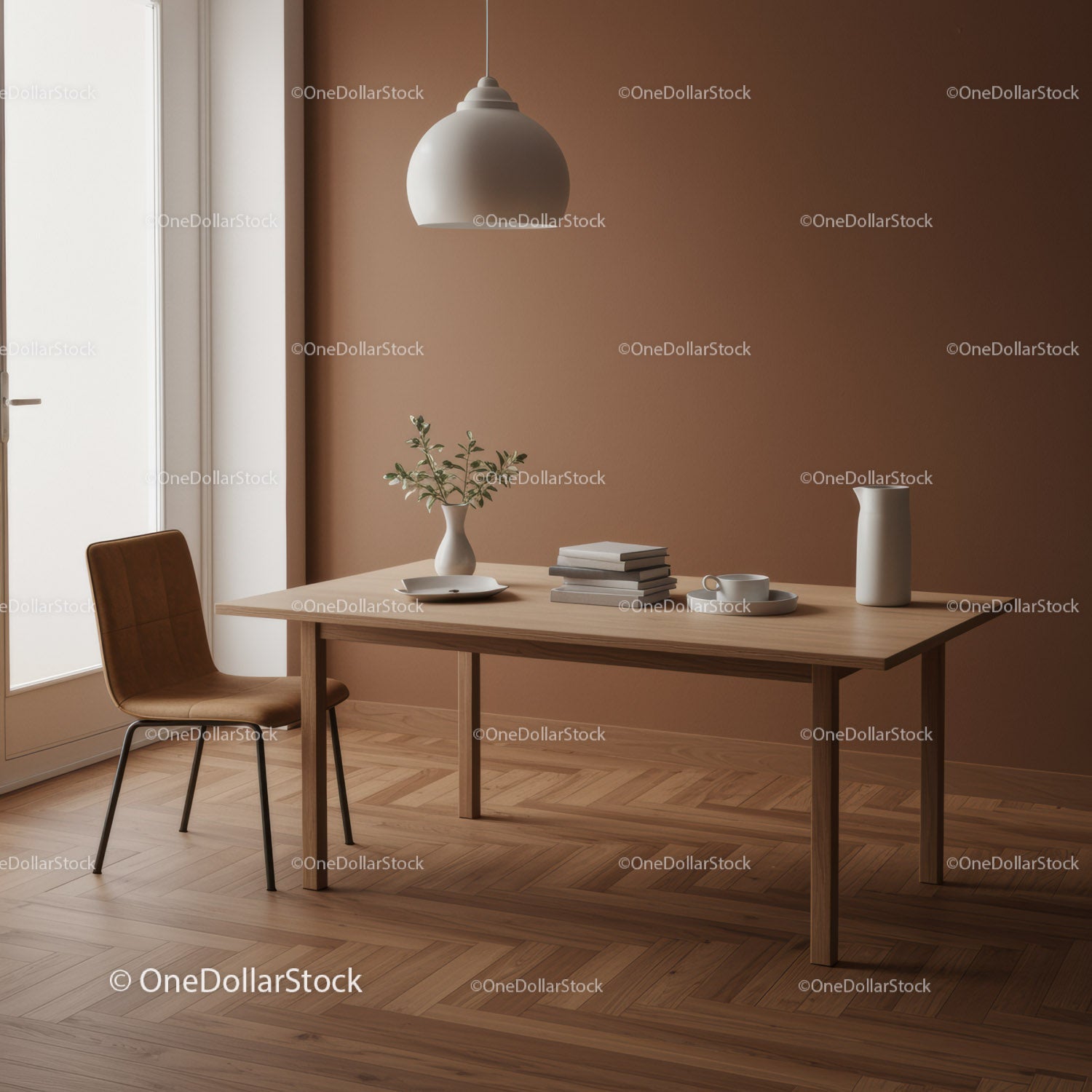 Minimalistyczny drewniany stół z ceramicznymi wazonami i książkami w przytulnym pokoju