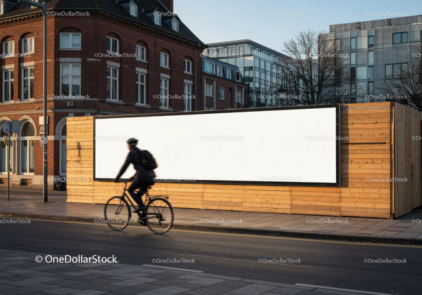 Cyclist passing a large blank advertising billboard in city JPG Mockup Image