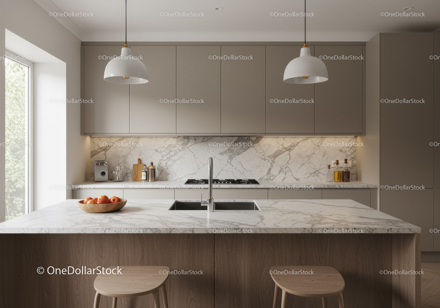 Modern Kitchen with Marble Countertop and Beige Cabinets