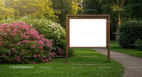Park pathway with blooming rose bushes and empty wooden sign