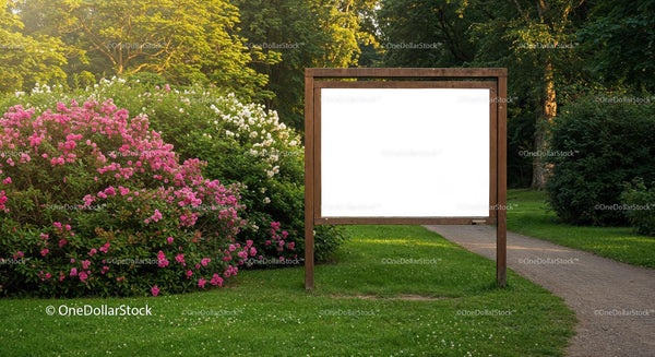 Park pathway with blooming rose bushes and empty wooden sign JPG Mockup Image