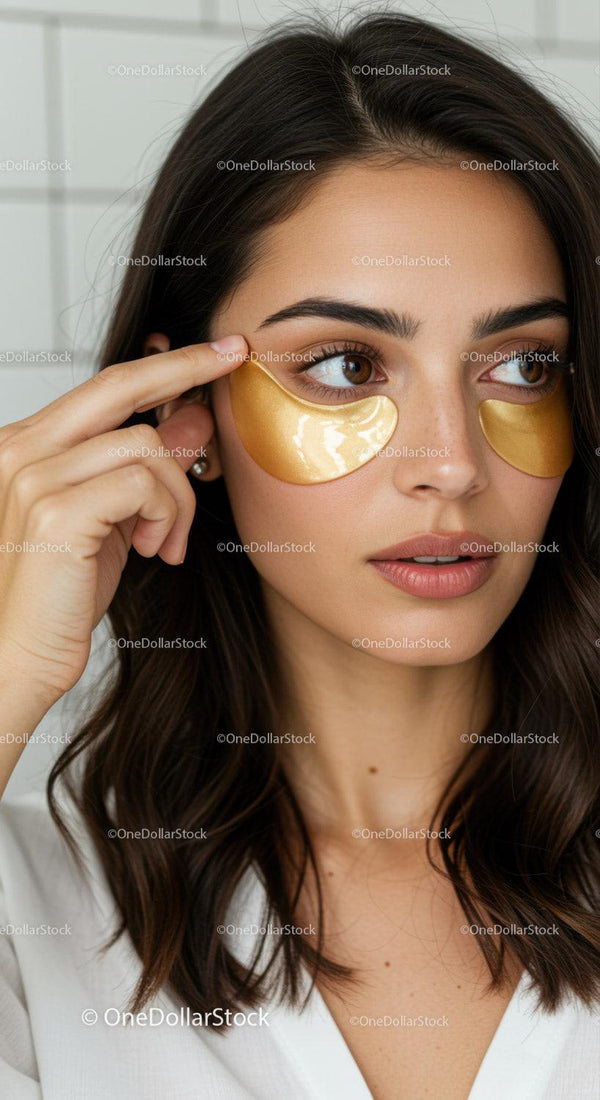 Beautiful woman applying gold eye patches for skincare rejuvenation