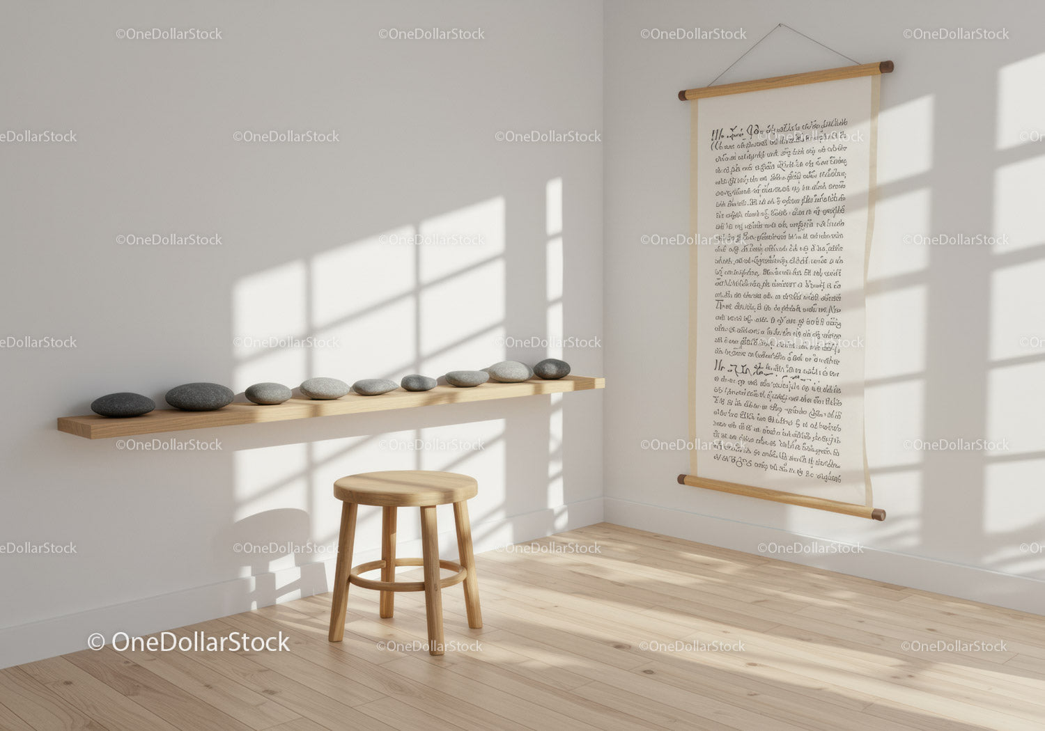 Minimalist Zen Room with Natural Stones and Scroll Art