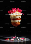 Elegant layered dessert with cream and rose petals