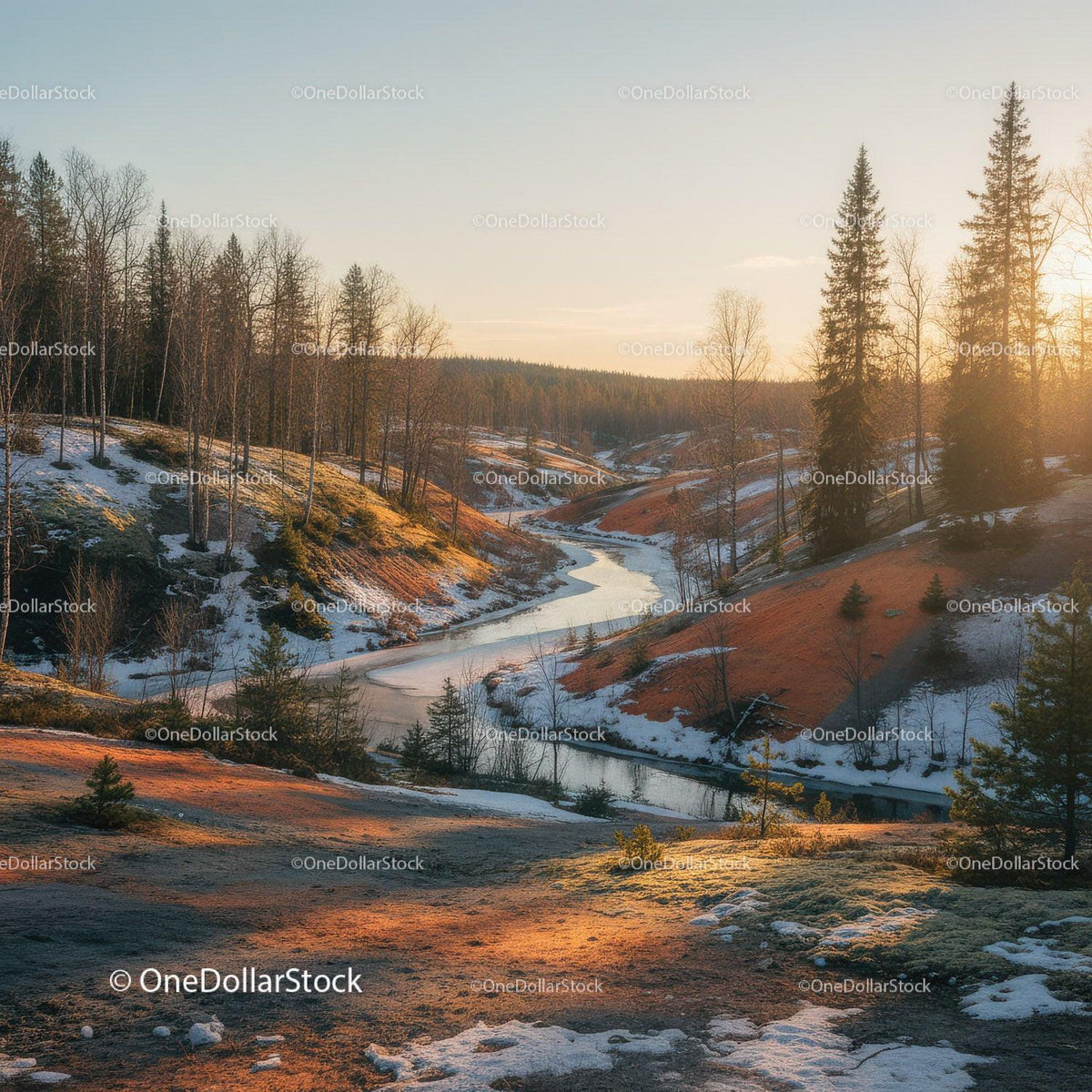 Tranquil Winter River Meandering Through Frosty Hills