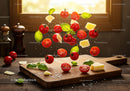 Fresh Cherry Tomatoes and Basil Leaves Flying Over Wooden Board