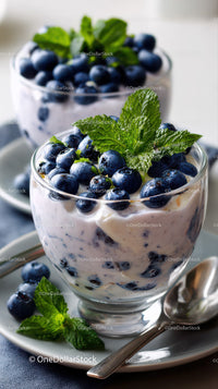 Berry Cheesecake in Glass Cup with Fresh Mint and Blueberries