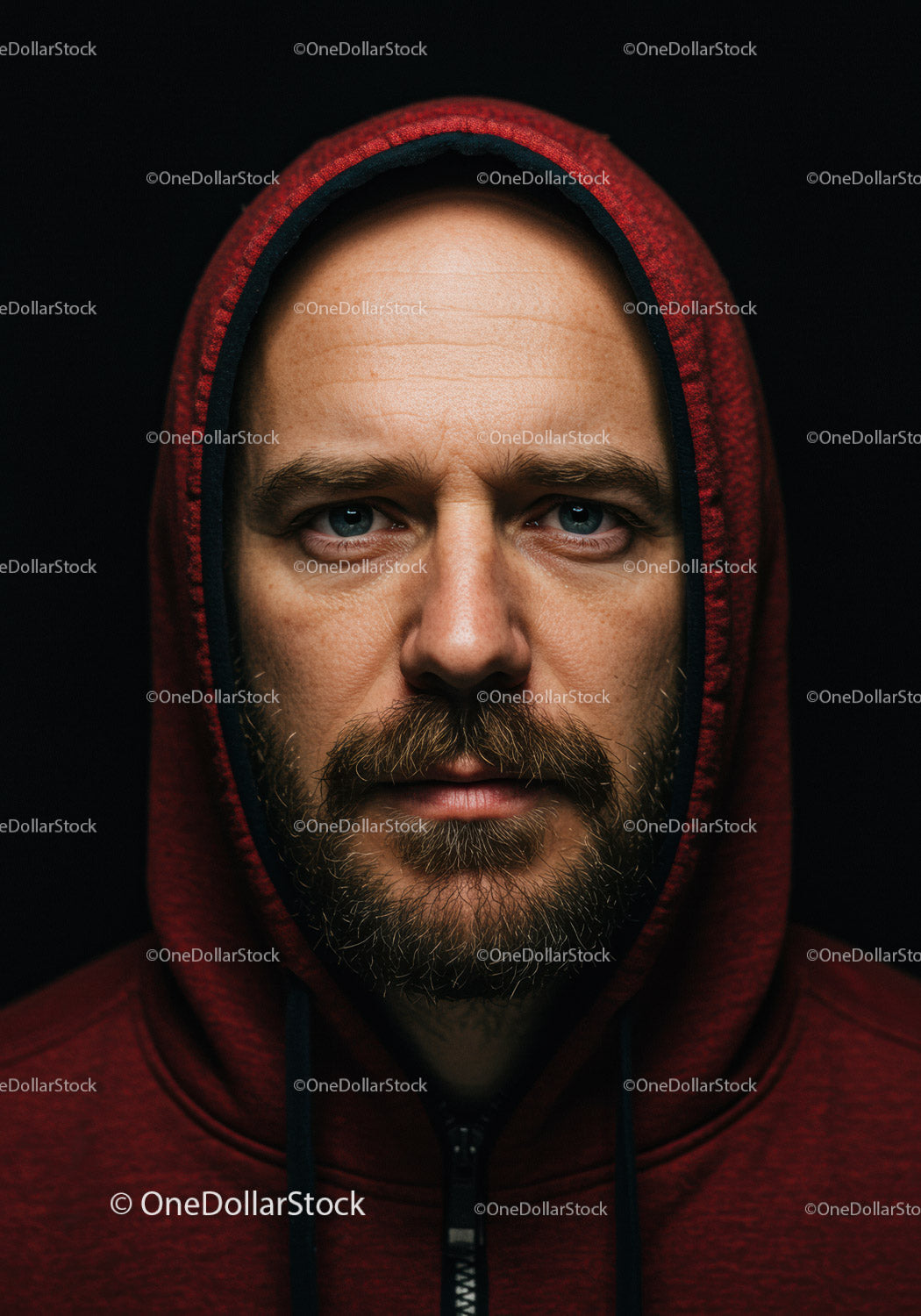 Intensywny portret mężczyzny z brodą w czerwonej bluzie z kapturem