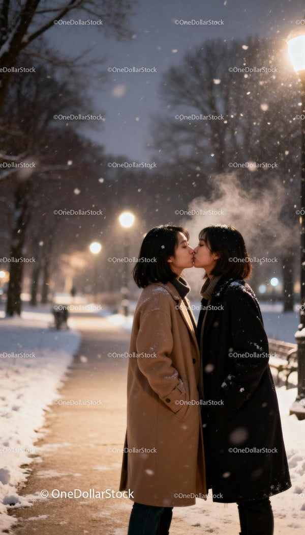 Couple sharing a tender kiss on snowy winter evening