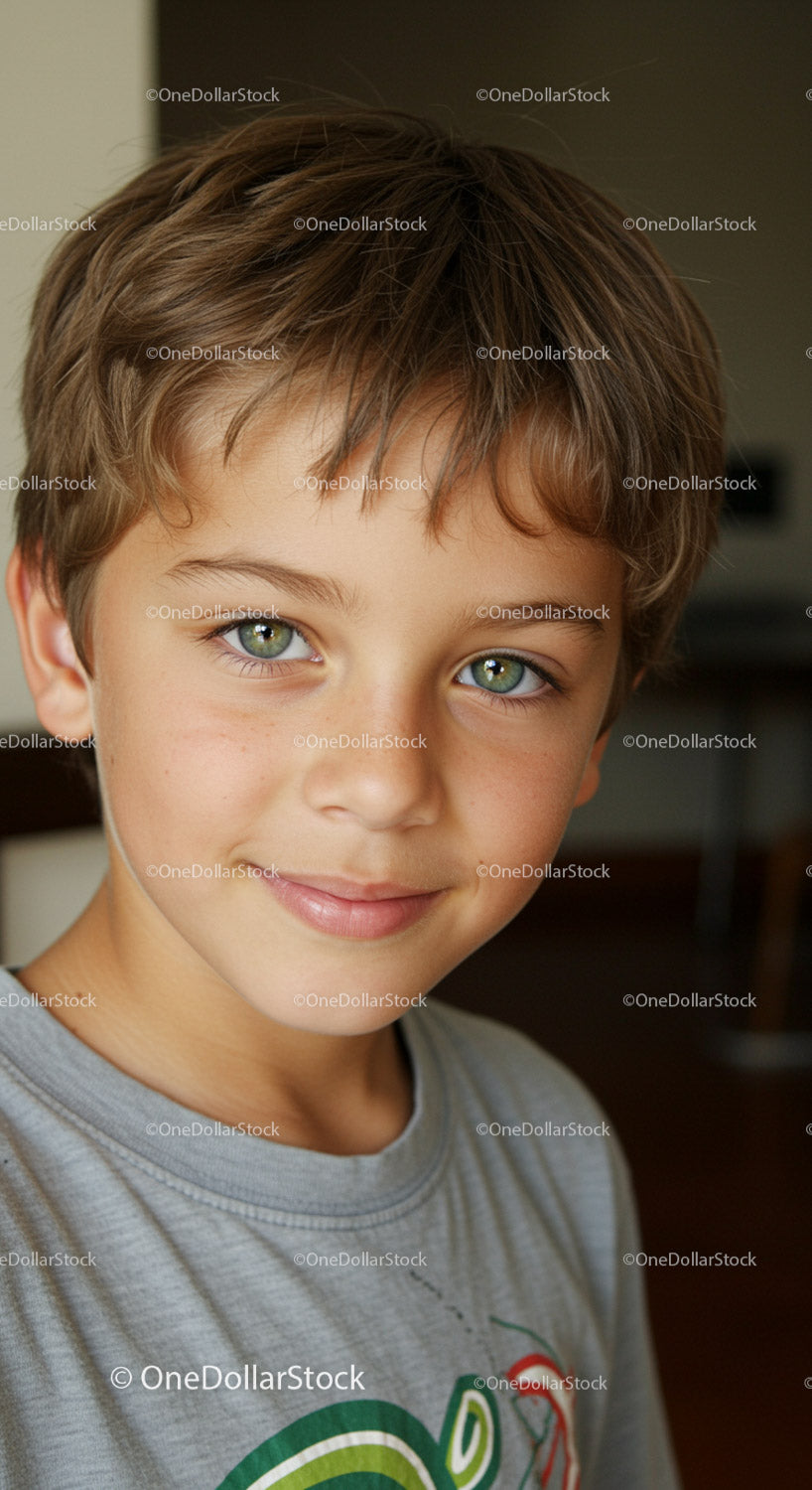 Young boy with bright green eyes and joyful expression