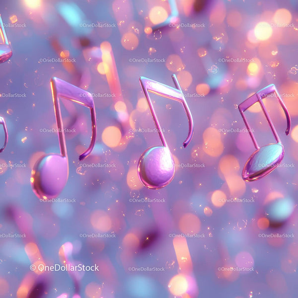 Floating Glossy Violet Musical Notes on Bokeh Background