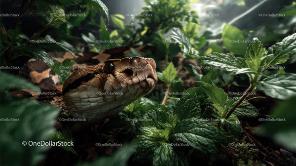 Camouflaged Snake Hiding Among Green Foliage in Jungle