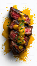 Juicy Grilled Steak with Yellow Sauce and Fresh Herbs