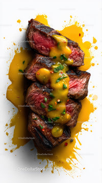 Juicy Grilled Steak with Yellow Sauce and Fresh Herbs