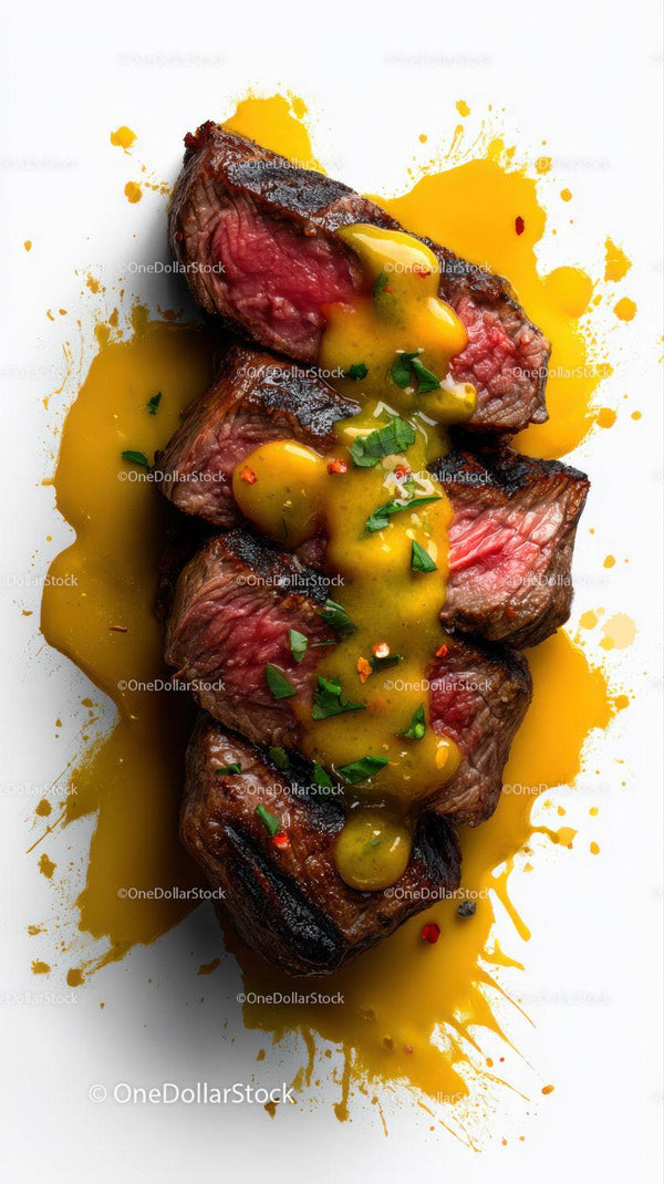 Juicy Grilled Steak with Yellow Sauce and Fresh Herbs