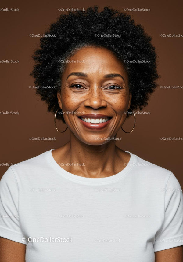 Confident Smiling Woman with Curly Hair in Casual White T-Shirt
