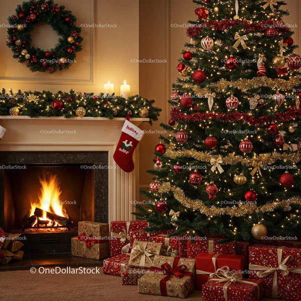 Cozy Christmas fireplace with decorated tree and gifts