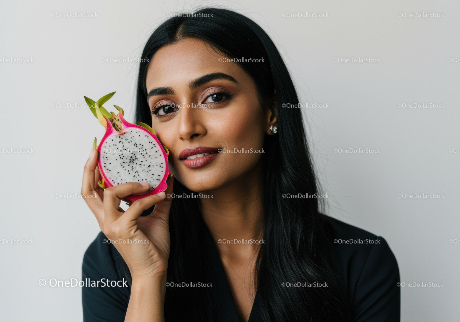 Elegant Woman with Dragon Fruit for Health and Wellness Concept