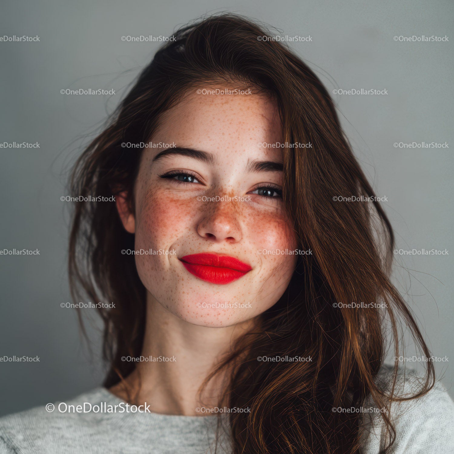 Portret uśmiechniętej kobiety z piegami i czerwoną szminką