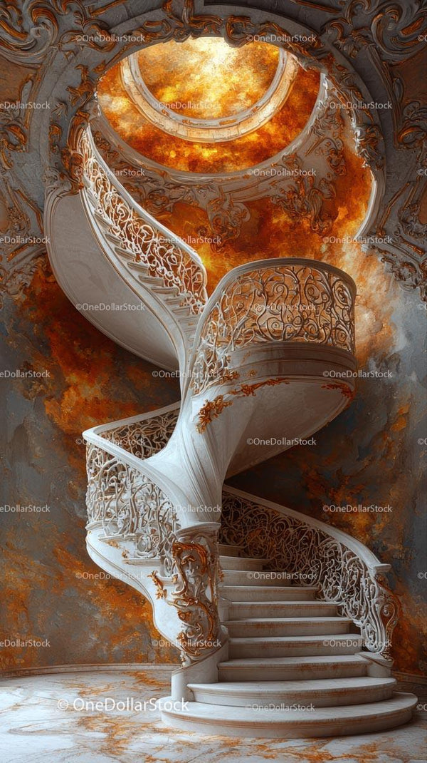 Elegant White Spiral Marble Staircase in Ornate Baroque Interior