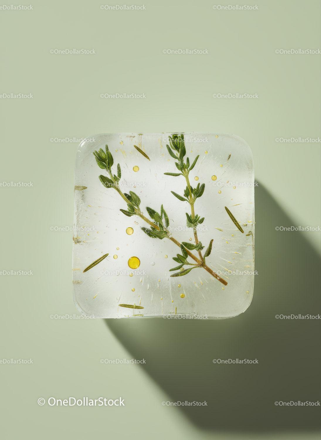 Square ice cube with herbs frozen inside on green