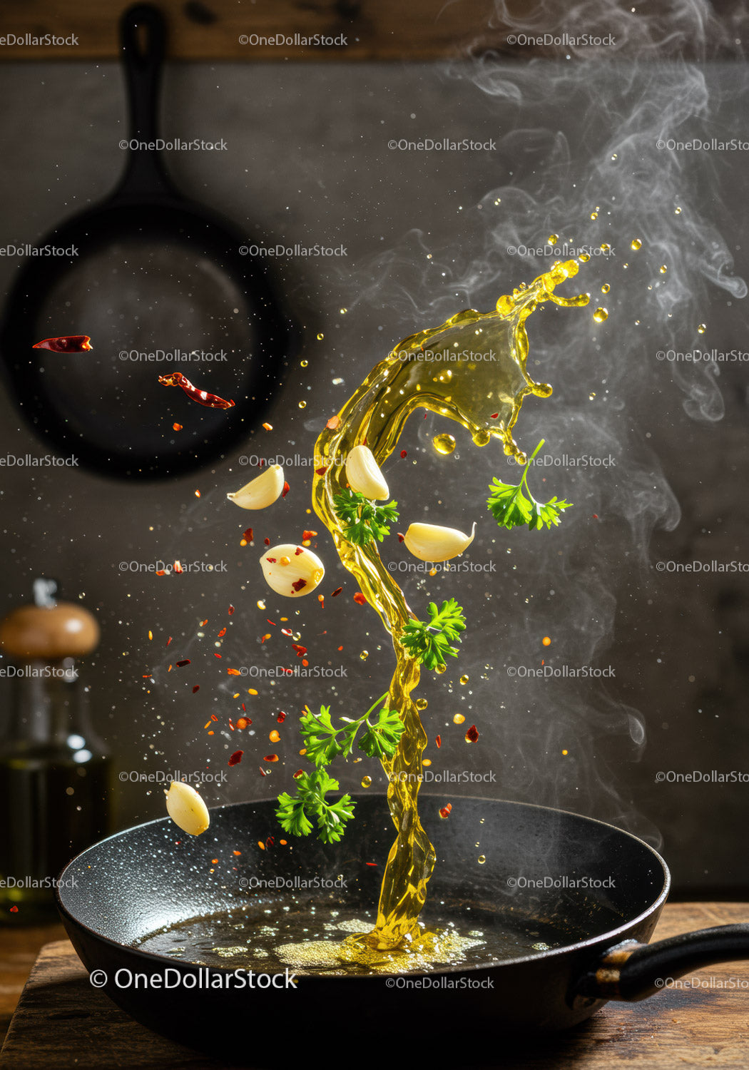 Fresh garlic and herbs splashing in hot oil pan
