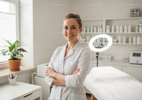 Female Healthcare Professional in Modern Clinic with Medicine Bottles