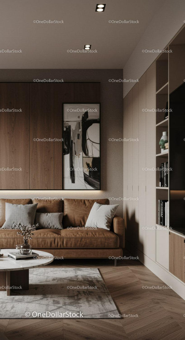 Przytulny nowoczesny salon z skórzaną sofą i abstrakcyjną sztuką