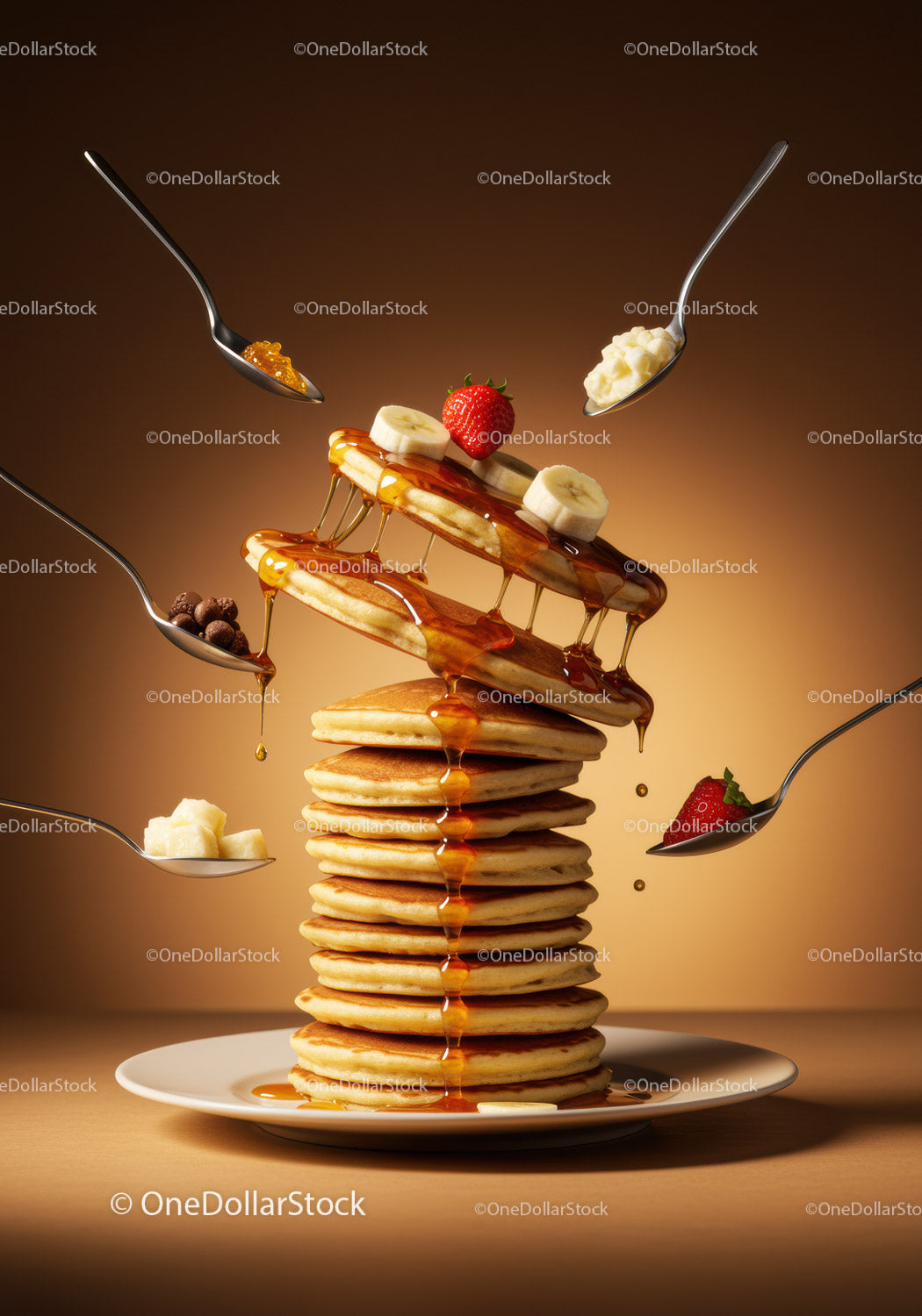 Stack of fluffy pancakes with syrup and fresh fruits