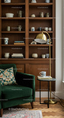 Cozy Reading Nook with Green Velvet Chair and Brass Lamp